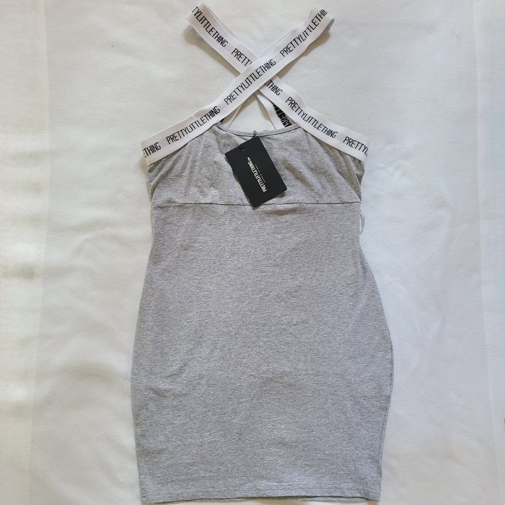 NWT Pretty Little Thing Grey Stretch Jersey Logo Cross Strap Bodycon Dress Mini